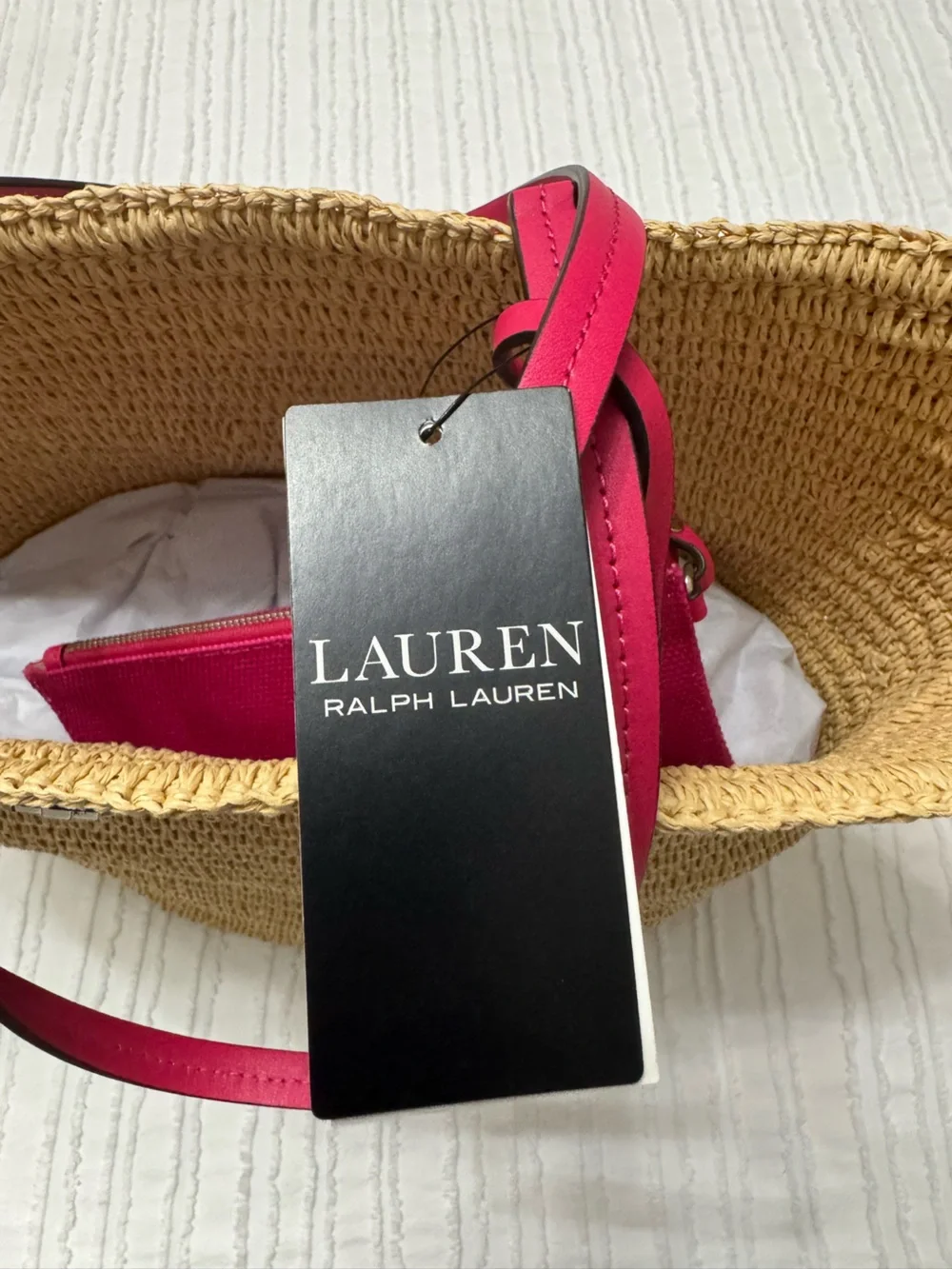 Ralph Lauren Straw Tote Bag with Red Leather Trim